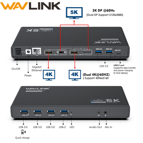 Wavlink USB C estación de acoplamiento Universal Dual 4K HDMI y DP de suministro de potencia USB con Gigabit RJ45 5K @ 60Hz pantalla ventana Mac OS ► Foto 1/6