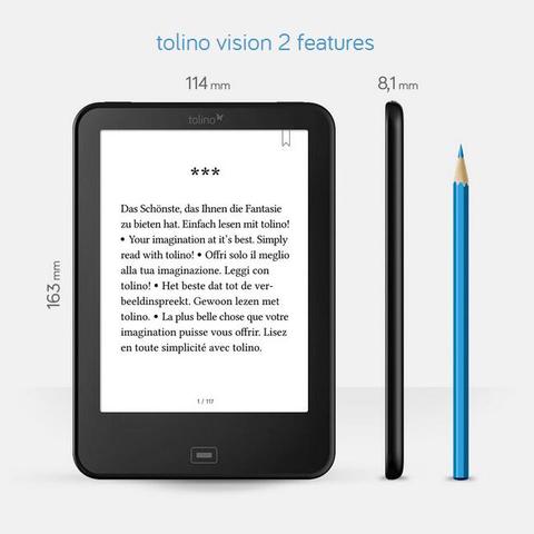 Tolino 2 visión Tab2 page flip negro e-Book reader 6 pulgadas e tinta Fondo 1024x758 táctil de pantalla con WIFI ereader ► Foto 1/6