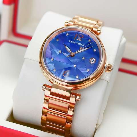Reef Tiger-reloj de lujo para mujer, pulsera de acero inoxidable, resistente al agua, automático, con diamantes, oro rosa, RGA1584 ► Foto 1/1