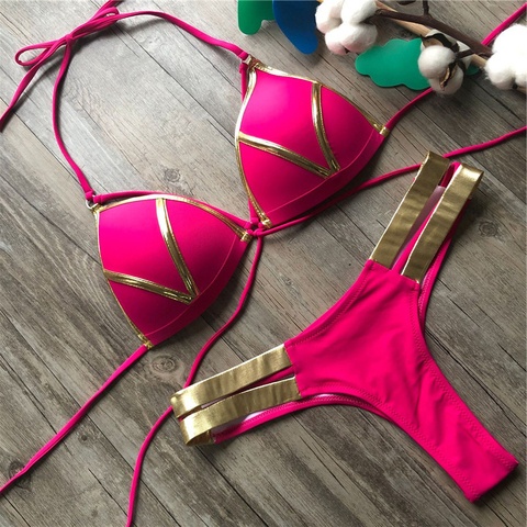 Bañador rojo de realce para mujer, Bikini con cuello Halter, traje de baño acolchado con estampado dorado, conjunto de Bikini brasileño, Tanga Sexy 2022 ► Foto 1/6