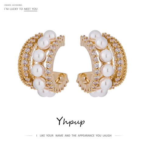 Yhpup-pendientes de perlas de imitación geométricas para mujer, joyería exquisita de alta calidad, pendientes de circonia cúbica para mujer 2022 ► Foto 1/6