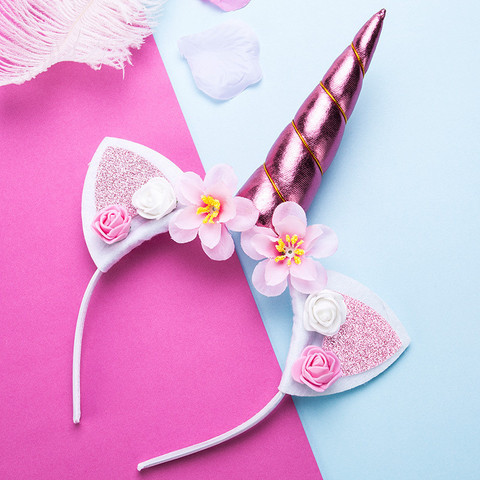 Diademas de unicornio con orejas de gato y flores para niña, accesorios para la cabeza para fotos, diademas de fiesta, accesorios para el cabello para niña ► Foto 1/6