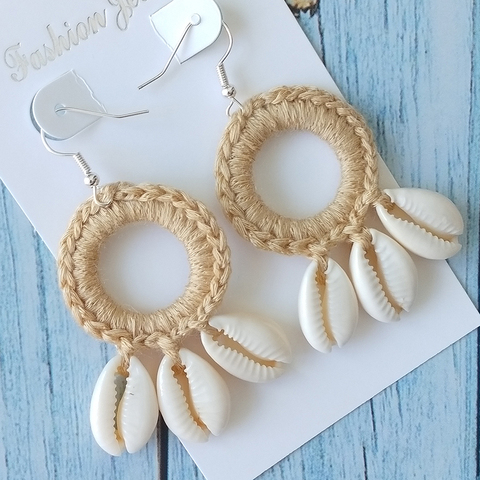 Pendientes originales de concha de playa para mujer, aretes de ganchillo, con borla de cáscara circular grande, pendiente de gota, 30% de descuento, 2 uds. ► Foto 1/6