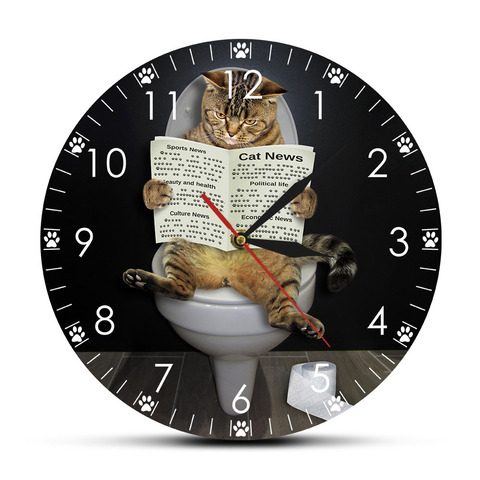 Reloj de pared silencioso con diseño de gato en el inodoro, reloj de pared silencioso con diseño de gato en el baño, reloj de arte decorativa para pared para gatos ► Foto 1/6
