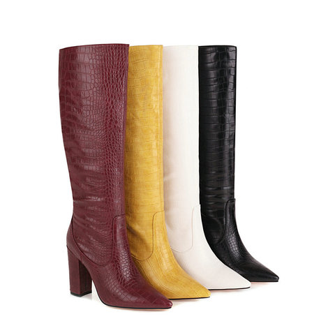 Botas de piel sintética para mujer, botines hasta la rodilla con punta puntiaguda y tacón alto cuadrado, en color negro, amarillo, blanco, vino y rojo, talla grande 43 ► Foto 1/6