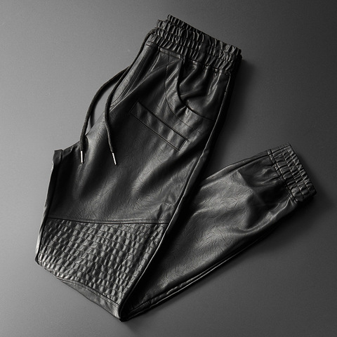 Thoshine-pantalones de cuero para hombre, pantalón de alta calidad, con cintura elástica, con bolsillo para motocicleta, de piel sintética, harén ► Foto 1/6