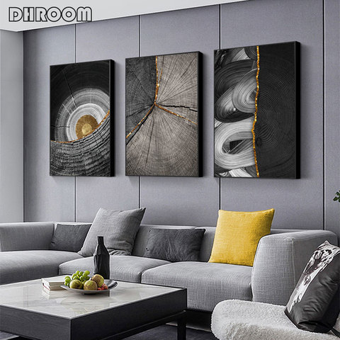 Pintura con vetas de madera para decoración del hogar, póster de arte de pared nórdico abstracto en blanco y negro, impresiones de imágenes para sala de estar ► Foto 1/6