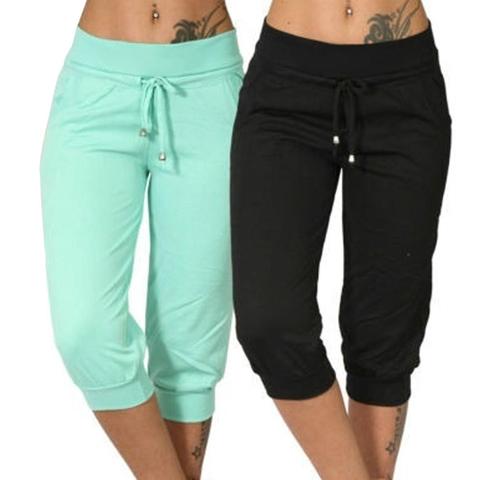 Pantalones Capri deportivos para mujer, pantalón informal, Color liso, tiro bajo, bolsillos y cordón ► Foto 1/6