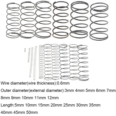 Resorte de compresión pequeño de acero, resorte de retorno mecánico de presión OD de 3mm, 0,6x3, 4, 5, 6, 7, 8, 9, 10, 11, 12mm x 5-50mm, 10 Uds. ► Foto 1/6