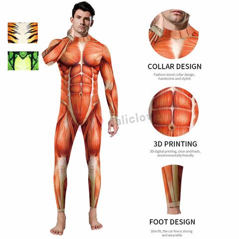 Disfraz de Halloween para hombre, traje de Catsuit Zentai de fiesta Animal, traje de serpiente Tigre 3D con estampado muscular, monos ► Foto 1/6