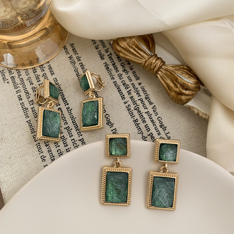 Pendientes con Clip cuadrado de cristal verde para mujer, aretes Vintage simples, piedra de resina verde barroca, aretes geométricos sin Piercing ► Foto 1/6