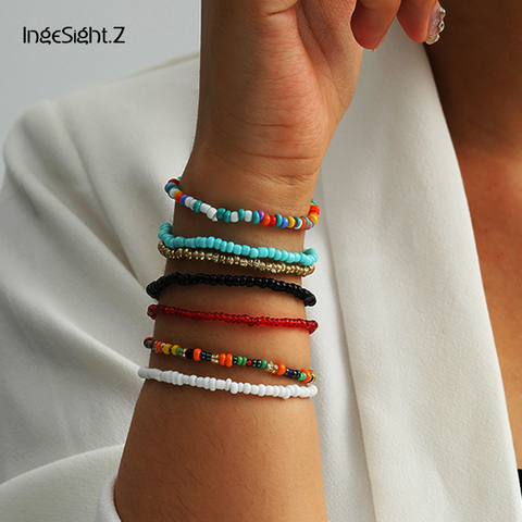 IngeSight Z 7 unids/set, arco iris semilla grano pulseras brazaletes encanto colorido acrílico cadena para la muñeca pulsera para mujer joyería ► Foto 1/6