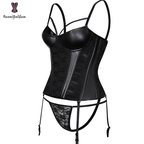 3/4 de taza de las mujeres Corset de cuero de imitación de costuras de encaje corsé deshuesado ajustable gancho y ojo Bustier de talla grande ► Foto 1/6