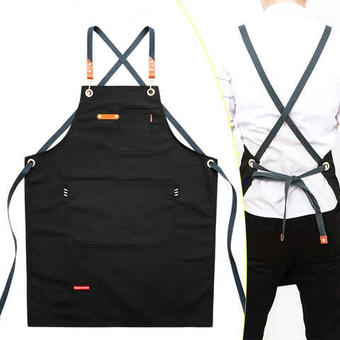 Delantal de trabajo Unisex para hombre y mujer, delantal negro de lona, delantal de cocina ajustable, con bolsillos para herramientas, 2022 ► Foto 1/6