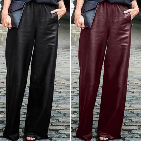 ZANZEA-pantalones de pierna ancha de piel sintética para mujer, pantalón largo informal, cintura elástica, color negro, de gran tamaño, 2022 ► Foto 1/6