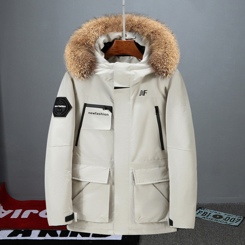 Chaqueta con capucha y cuello de piel para hombre, abrigo de plumón de pato con relleno de nieve, color blanco, mantiene el calor-30 grados, M-XXXL invierno ► Foto 1/6