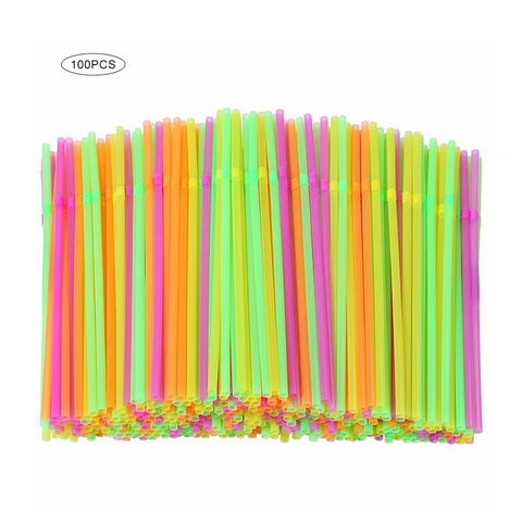 Pajitas desechables flexibles de plástico fluorescente, pajitas para bebida, decoración de boda, suministros de fiesta de colores mezclados, 100 Uds. ► Foto 1/6