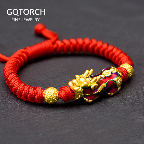 Plata de Ley 999 Pixiu Color dorado cambio de temperatura Color suerte pulseras de cuerda roja tibetana budista nudos cuerda para hombres ► Foto 1/6