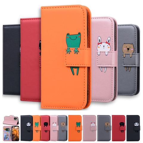 Funda de cuero con tapa para teléfono móvil, funda de soporte de cartera para iPhone 12, 11 Pro, XR, XS, Max, 5, 6S, 7, 8 Plus, gato, Rana, conejo ► Foto 1/6