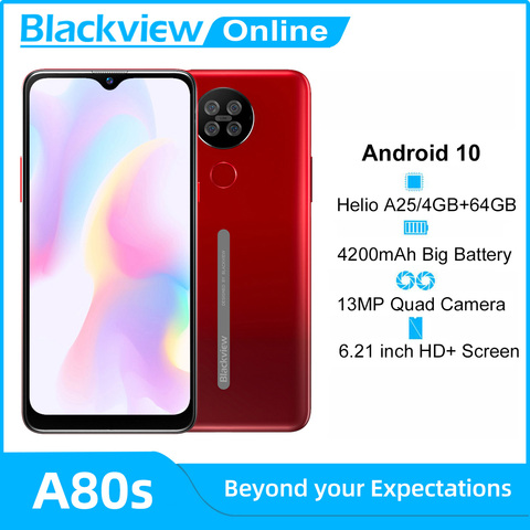 Blackview-teléfono inteligente A80s, Android 10, 4GB de RAM + 64GB de ROM, Octa Core, cámara trasera de 13,0mp, batería de 4200mAh, desbloqueo de huella dactilar facial, 4G ► Foto 1/6