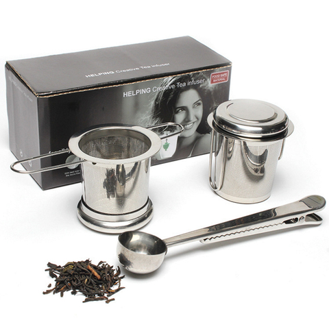 Colador de té de acero inoxidable 304, herramienta de cocina de especias de hoja de hierbas, mango plegable, 2 uds. De filtros de té + 1 soporte de cuchara ► Foto 1/1