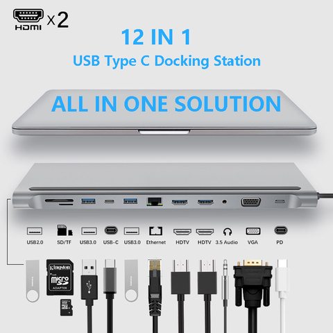 Hub tipo C con adaptador USB estación de acoplamiento del ordenador portátil, MST doble Monitor Dual HDMI VGA RJ45 SD TF para MacBook Dell XPS Hp Lenovo ThinkPad ► Foto 1/6