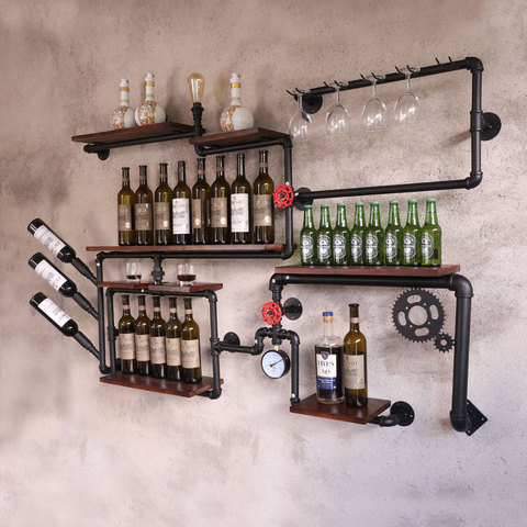 Estante de hierro para bar, estante de pared de estilo industrial retro, estante de pared de tubería de madera sólida, para vino, cafetería y bar ► Foto 1/5