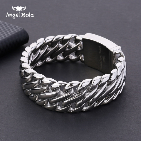 Buda pulsera con logotipo doble acera cubano cadena pulsera para hombre 316L de acero inoxidable pulsera brazalete color plateado tono 23mm ► Foto 1/6