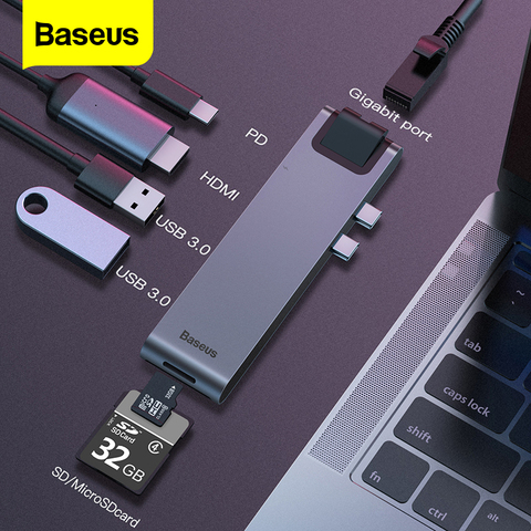 Baseus Hub tipo C con USB C a HDMI RJ45 Ethernet USB Multi 3,0 Thunderbolt 3 Power adaptador para MacBook Pro aire USB-C muelle divisor ► Foto 1/6