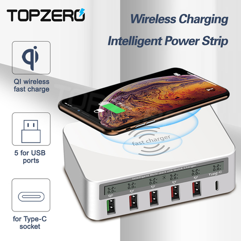 Cargador USB inalámbrico TOPZERO QI 40W QC3.0 tipo C adaptador de carga rápida universal 6 puertos LCD estación de carga USB inteligente ► Foto 1/6