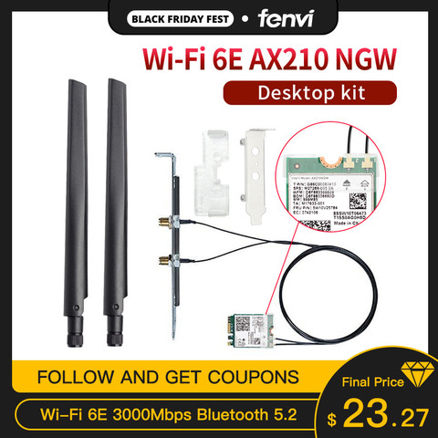 Tarjeta inalámbrica Wifi de doble banda, 3000Mbps, 6E, Intel AX210 m2, Bluetooth 5,2, 11ac/ax AX210NGW con antenas 6dbi para Win 10 ► Foto 1/6