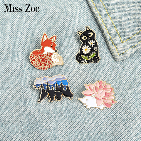 Bosque jardín esmalte Pin de Fox gato oso erizo broches bolsa Pin de solapa de dibujos animados de animales insignia regalo de la joyería para los niños amigos ► Foto 1/6