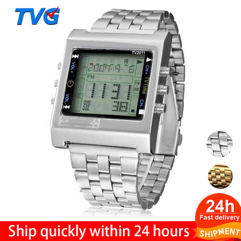 TVG deporte reloj de los Hombres Nuevo rectángulo de Control remoto de alarma Digital TV DVD remoto damas de acero inoxidable reloj de pulsera moda casual ► Foto 1/6