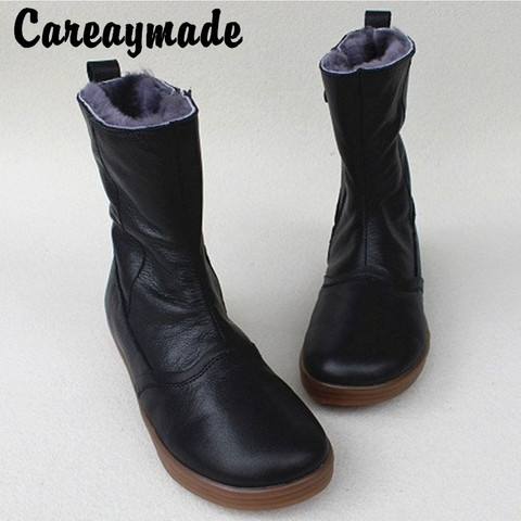 Careaymade-zapatos de piel auténtica para mujer, botas hechas a mano puras con lana de invierno de barril medio alto de felpa y suelas gruesas ► Foto 1/1