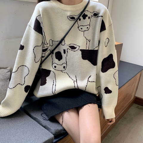 Vintage Casual suelta vaca perezoso suéter femenino coreano Harajuku mujeres suéteres japonés Kawaii lindo Ulzzang ropa para las mujeres ► Foto 1/5