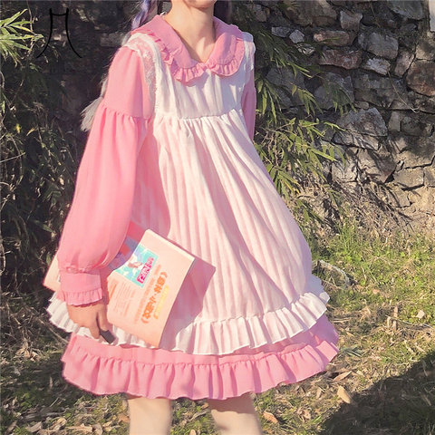 Vestido largo de dos piezas estilo gótico para mujer, vestido largo femenino de color rosa con volantes, estilo Kawaii ► Foto 1/6