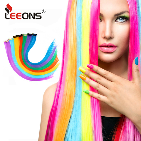 Extensiones de Cabello sintético Leeons con Clip, extensiones de cabello resistentes al calor, pelo de Arco Iris para niños y mujeres, estilo ondulado de 20 pulgadas ► Foto 1/6