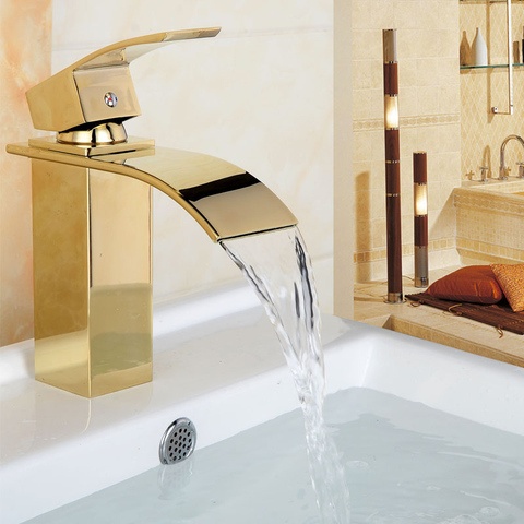 Grifo de cascada de baño montado en cubierta, mezclador de lavabo de tocador de latón, oro/cromo/oro rosa, lavabo de baño ► Foto 1/6