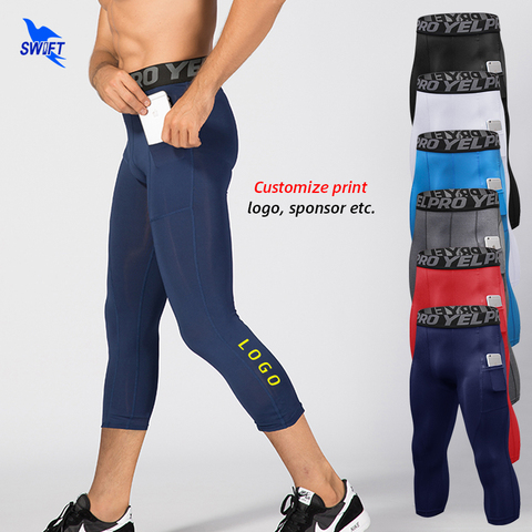 Pantalones deportivos para hombre, mallas Capri con bolsillo móvil para correr, para gimnasio, Fitness, entrenamiento, ajustados, recortados, personalizados, 3/4 ► Foto 1/6