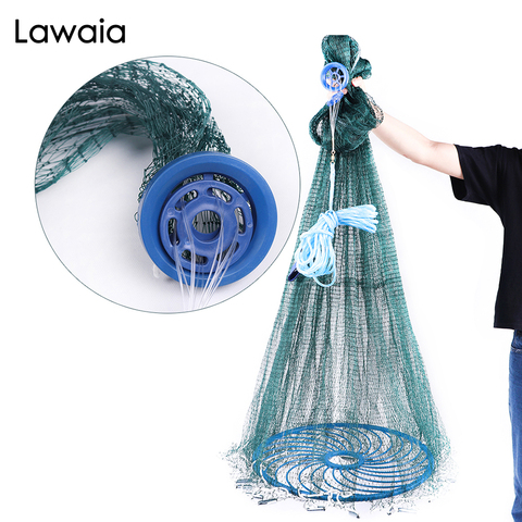 Lawaia-red de pesca fuerte, malla de lanzamiento manual para pescar estilo americano, alambre trenzado verde, engranaje de pesca duradero con mosca, anillo azul ► Foto 1/5