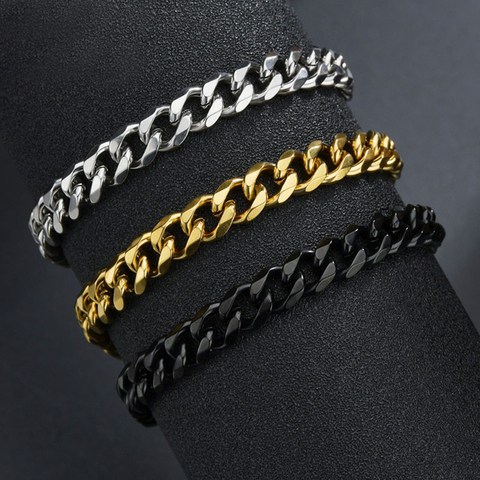 Pulsera de acero inoxidable pulido para hombre y mujer, brazalete de cadena de eslabones cubanos, informal, Punk, Color dorado y negro, 3/5/7/9mm ► Foto 1/6