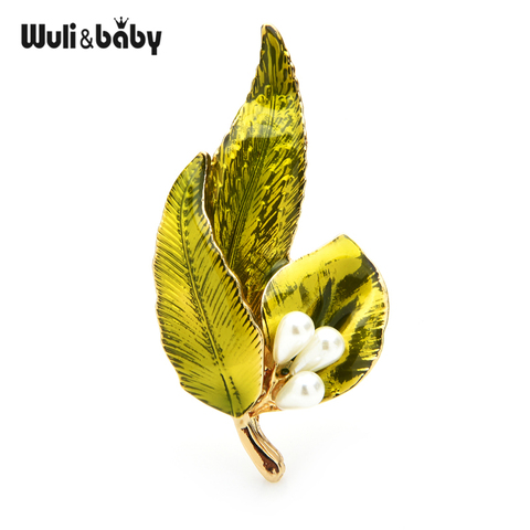 Wuli & baby-broches de hojas esmaltadas con perlas para mujer, broche de flores de 3 colores para fiesta, informal, oficina, regalos ► Foto 1/5