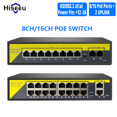 Hiseeu 48V 8/16 puertos interruptor de POE Ethernet 10/100Mbps IEEE 802,3 af/a para cámara IP/Sistema de cámaras de seguridad CCTV inalámbrico/AP ft ► Foto 1/6