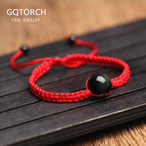 Pulseras de energía para hombres y mujeres, pulsera de obsidiana con ojo de arco iris negro Natural, tejido a mano, Bola de cuentas de cuerda roja de la suerte, para parejas ► Foto 1/6