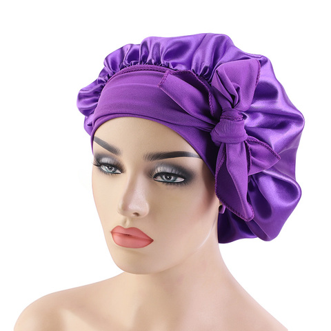 Gorro de satén liso con lazos elásticos anchos para mujer, gorro de noche para dormir, gorro de seda para el cuidado del cabello, gorro de ducha ► Foto 1/6