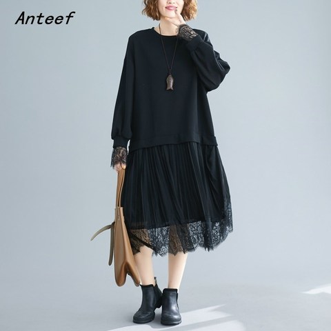 Vestido de encaje vintage de algodón negro de manga larga para mujer, ropa informal holgada de talla grande para otoño e invierno, 2022 ► Foto 1/6