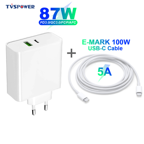 Adaptador de corriente para ordenador portátil, cargador de fuente de USB-C de 87W, 65W, para MacBook Air Pro, 15 pulgadas, Xiaomi/Huawei/ASUS (Cable de USB-C 5A) ► Foto 1/6