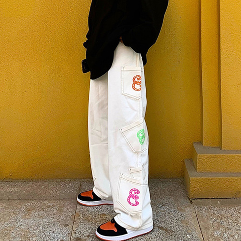 Retro de bolsillo carta impresión recta pantalones de los hombres y las mujeres pantalones vaqueros extragrandes pantalones Harajuku Streetwear Casual pantalones de mezclilla ► Foto 1/6