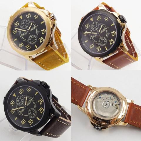 PARNIS 44mm reloj de hombre de cristal de zafiro indicador de reserva de energía recubierto de oro/funda de reloj chapada en PVD movimiento ST2542 ► Foto 1/5