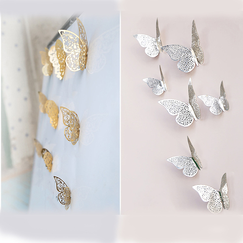 12 unids/lote 3D de oro y de plata mariposa calcomanías de pared casa artística etiqueta de la pared de decoración mariposa pantalla para fiesta y ► Foto 1/6